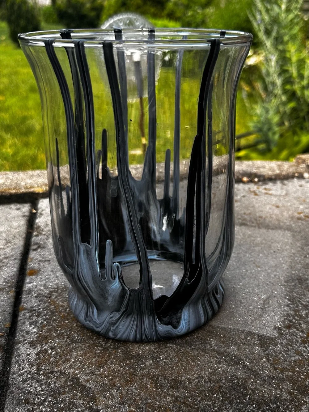 Hand crafted abstract Art Glass Vase with Black Drip Design